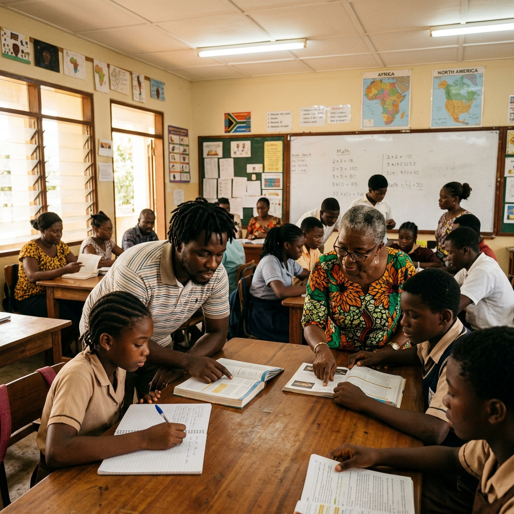 Students and teachers studying together around classroom tables