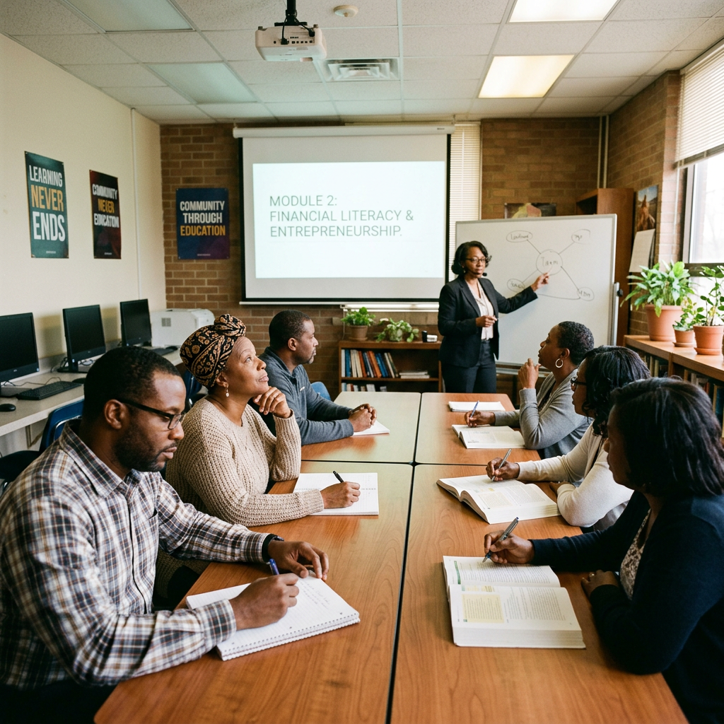 Instructor presenting financial literacy and entrepreneurship workshop to seated participants