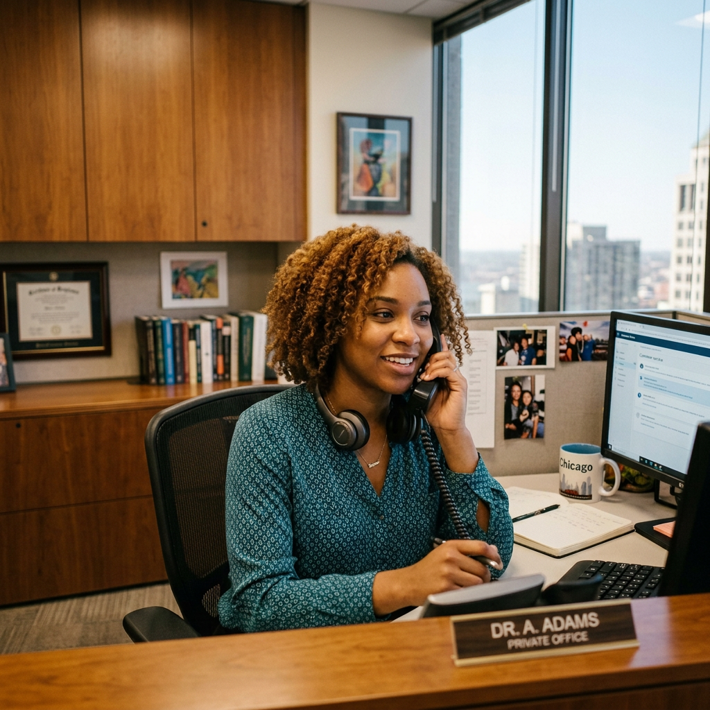 Smiling customer service worker speaking on a phone in an office